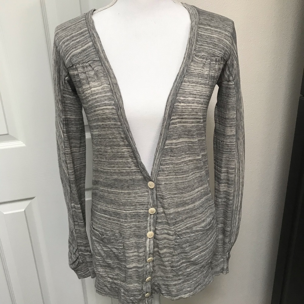 J CREW Lightweight Boyfriend V-Neck Grey/White Cotton Long Sleeve Cardi S FLAW